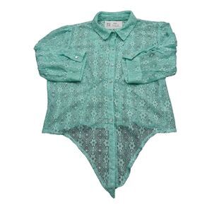 Sheer Shirt Womens Green 3 4 Sleeve Lace Floral Collared Button Basic Blouse